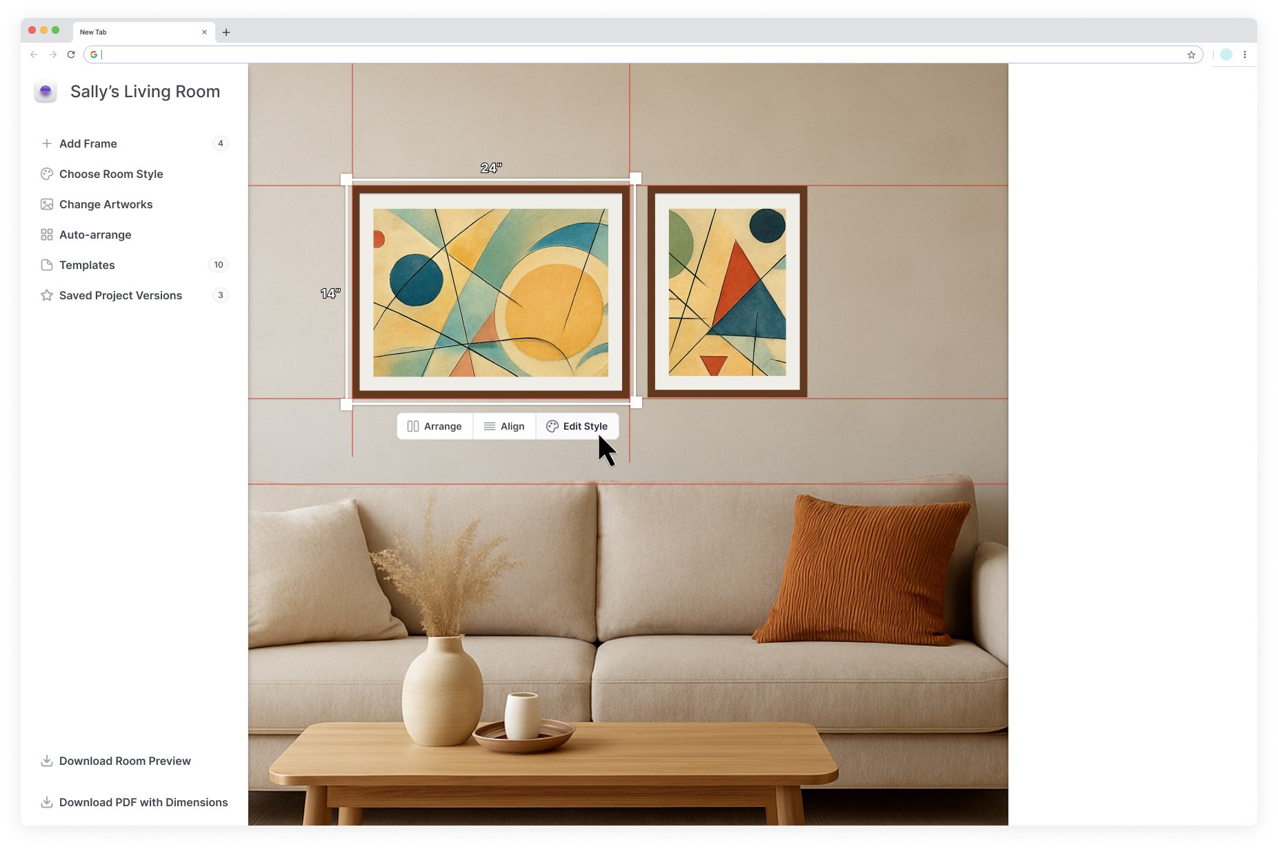 Wall Gallery Planner UI in action showing a gallery wall mockup